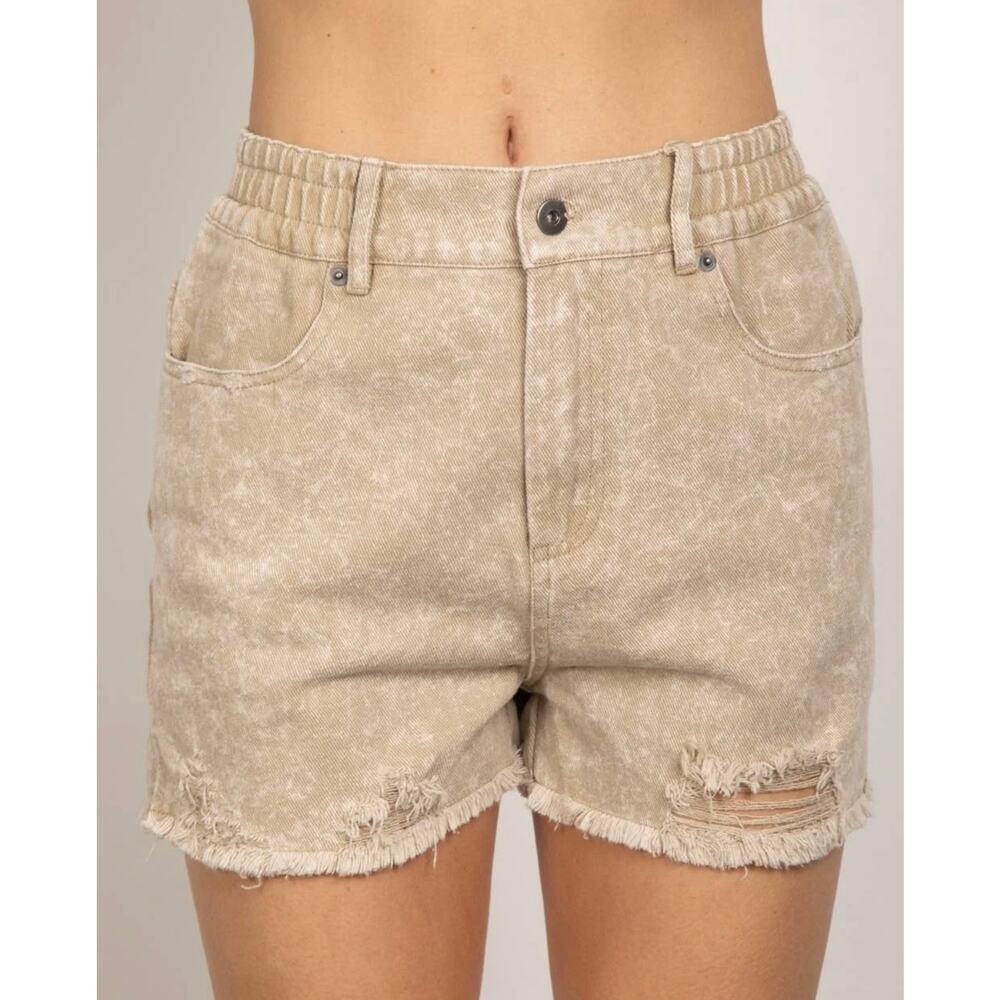 New In Elastic High Waist
Distressed Washed Denim Tan Shorts
